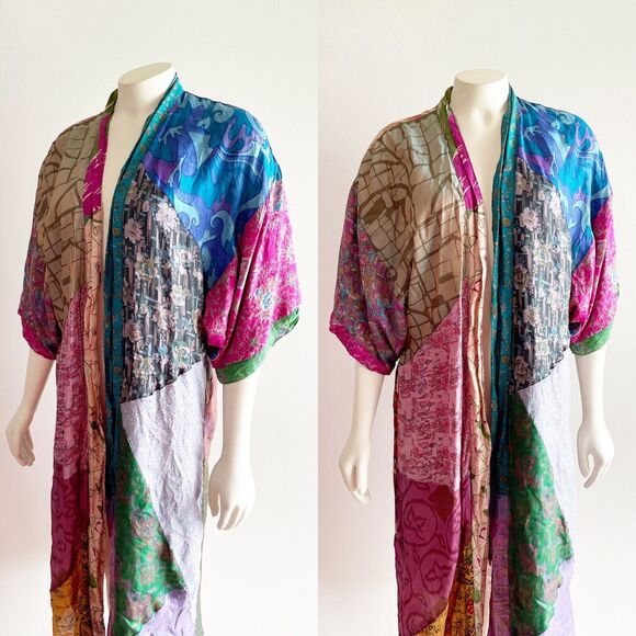 Sacred Threads Silk Kimono Robe Multicolor Patchwork Small - Picture 4 of 16